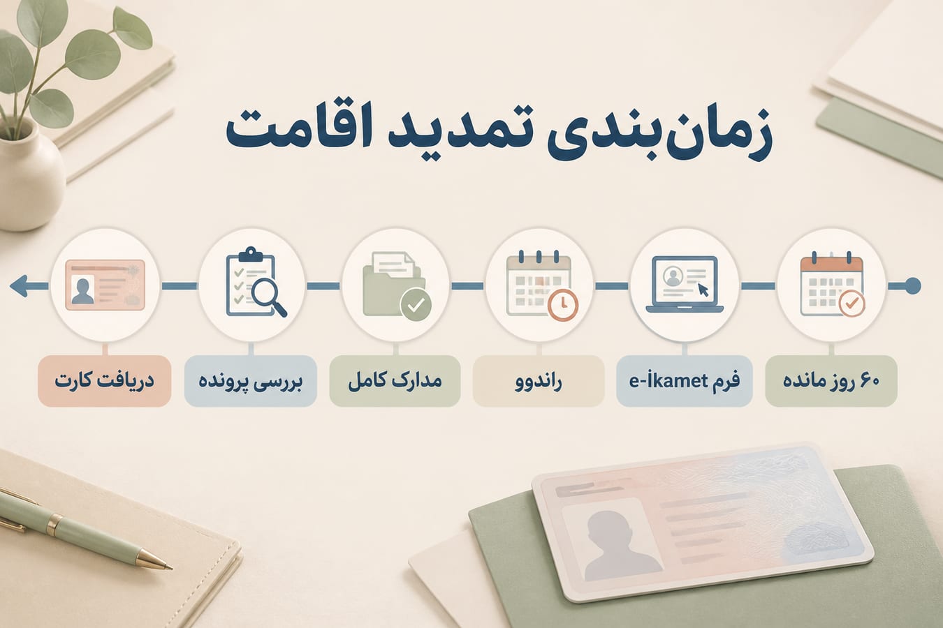 اینفوگرافیک مسیر زمانی تمدید اقامت ترکیه از ۶۰ روز مانده تا دریافت کارت