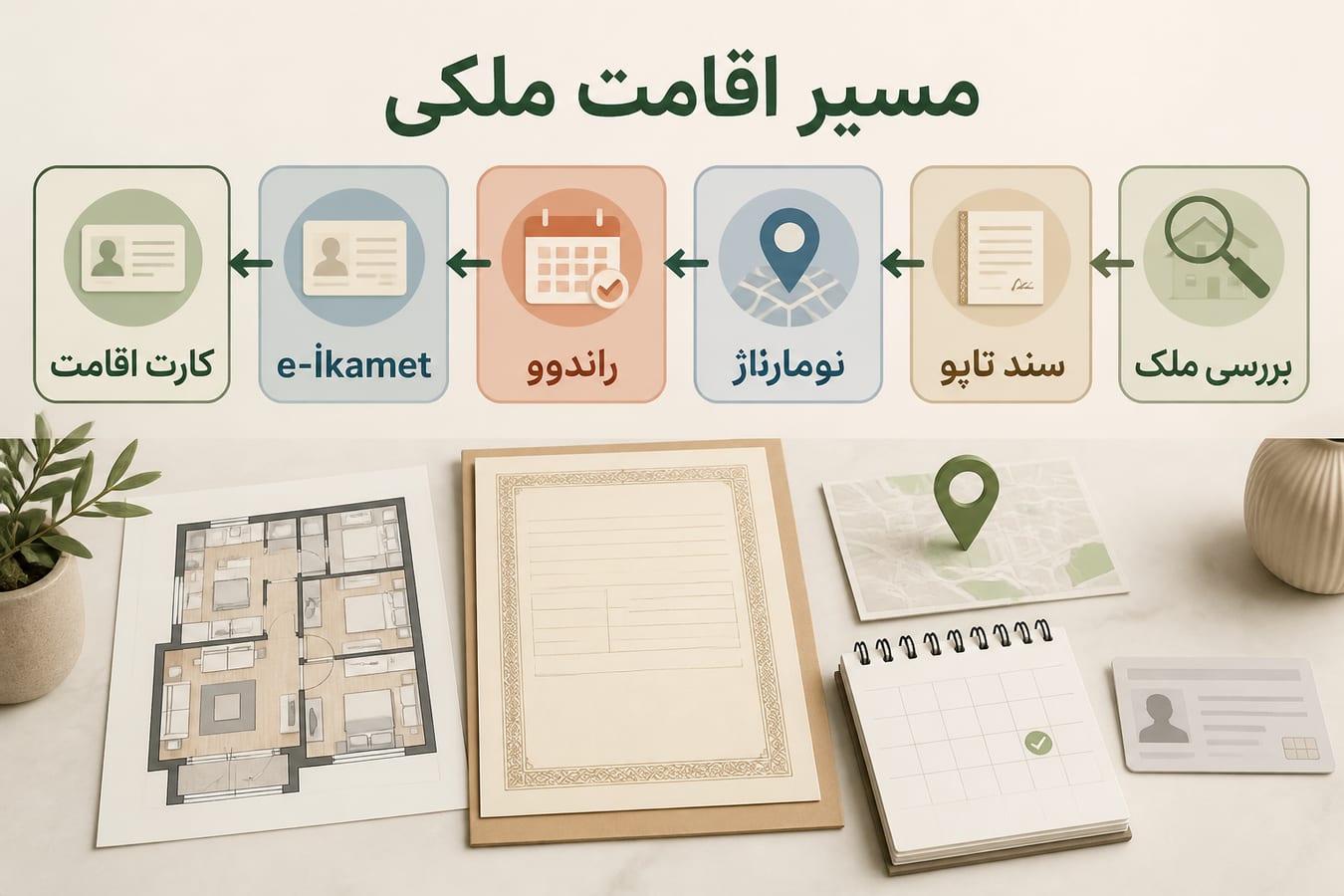 اینفوگرافیک مراحل بررسی ملک، تاپو، نوماراتاژ و درخواست اقامت ملکی ترکیه